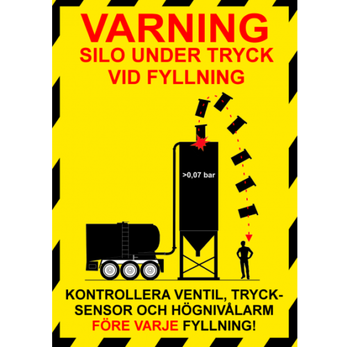 Illustration för silosäkerhet med texten varning silo under tryck vid fyllning